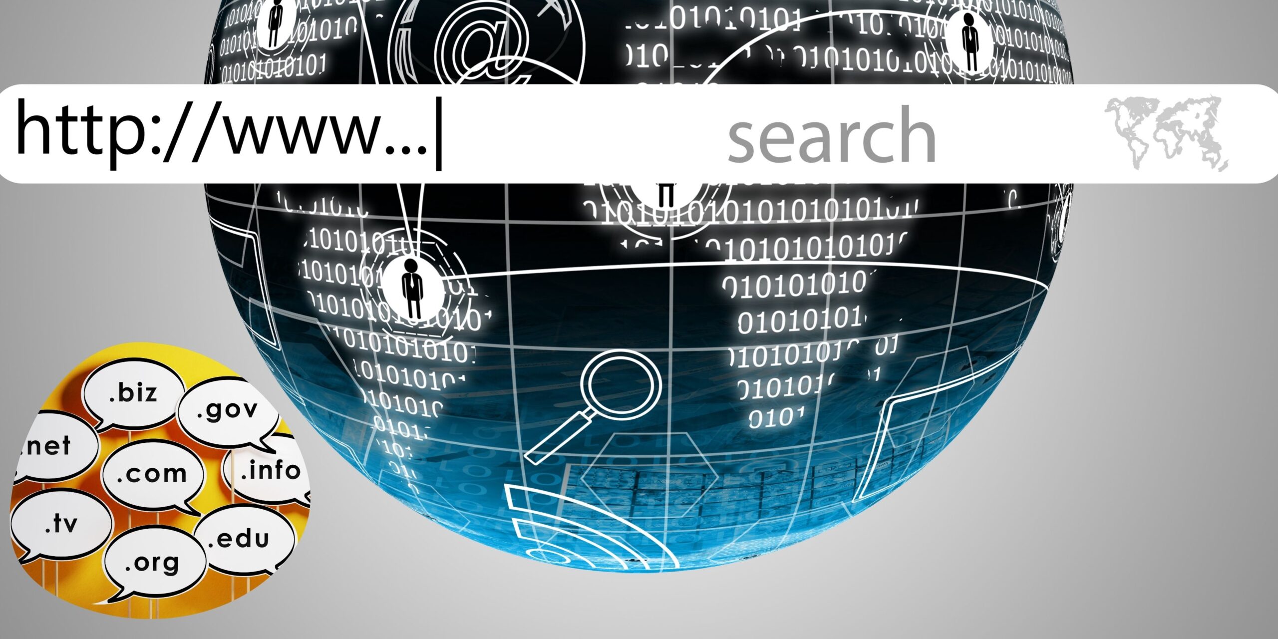 Search bar graphic showing global internet connections and domain name extensions like .com and .org, representing website domains.